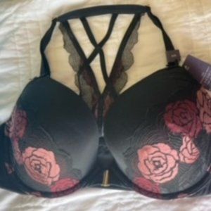 Lane Bryant Cacique black and pink floral Boost Plunge bra NWT 42D